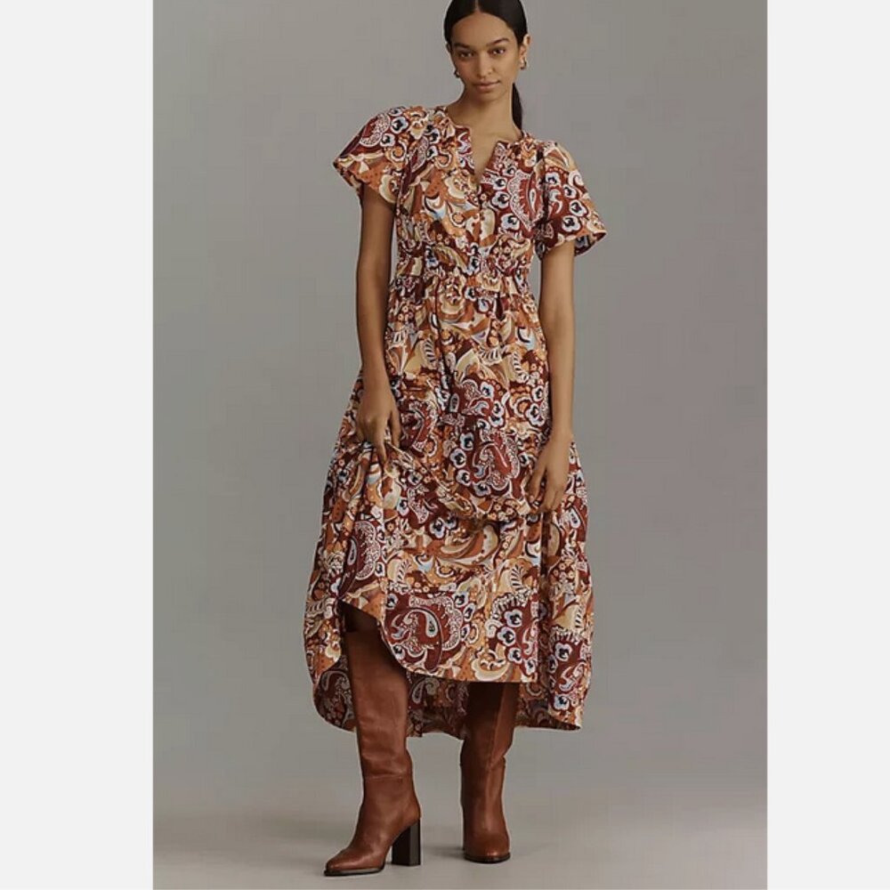 Anthropologie The Somerset Maxi Dress Bronze Cotton Tiered Paisley M NWT Medium